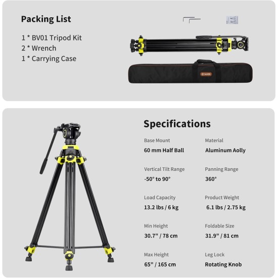 Cayer BV01 Compact Video Tripod, 65" Twin Tube Fluid Head 13.2 Lb